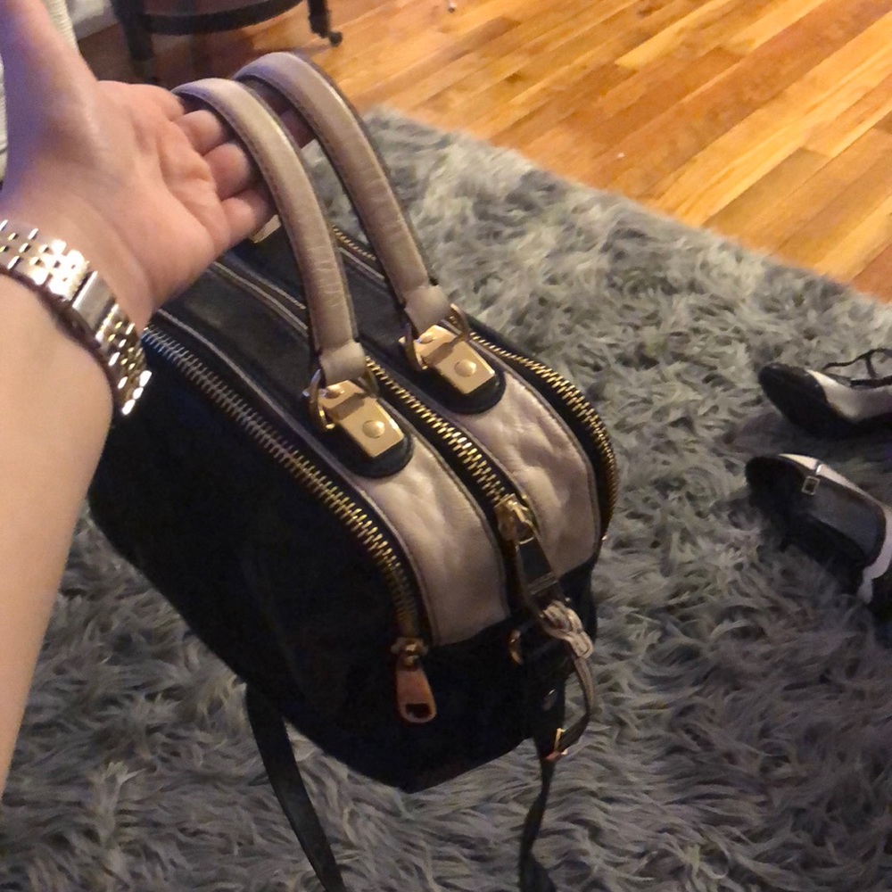 Badgley Mischka black and ivory bowling shape bag